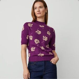Ann Taylor Purple Floral Jacquard Mock Neck Sweater Tee